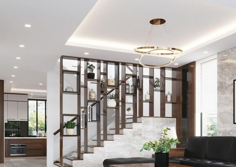 Thiết kế phòng khách nhà ống 5m có cầu thang  Xây dựng Hoàng Phú